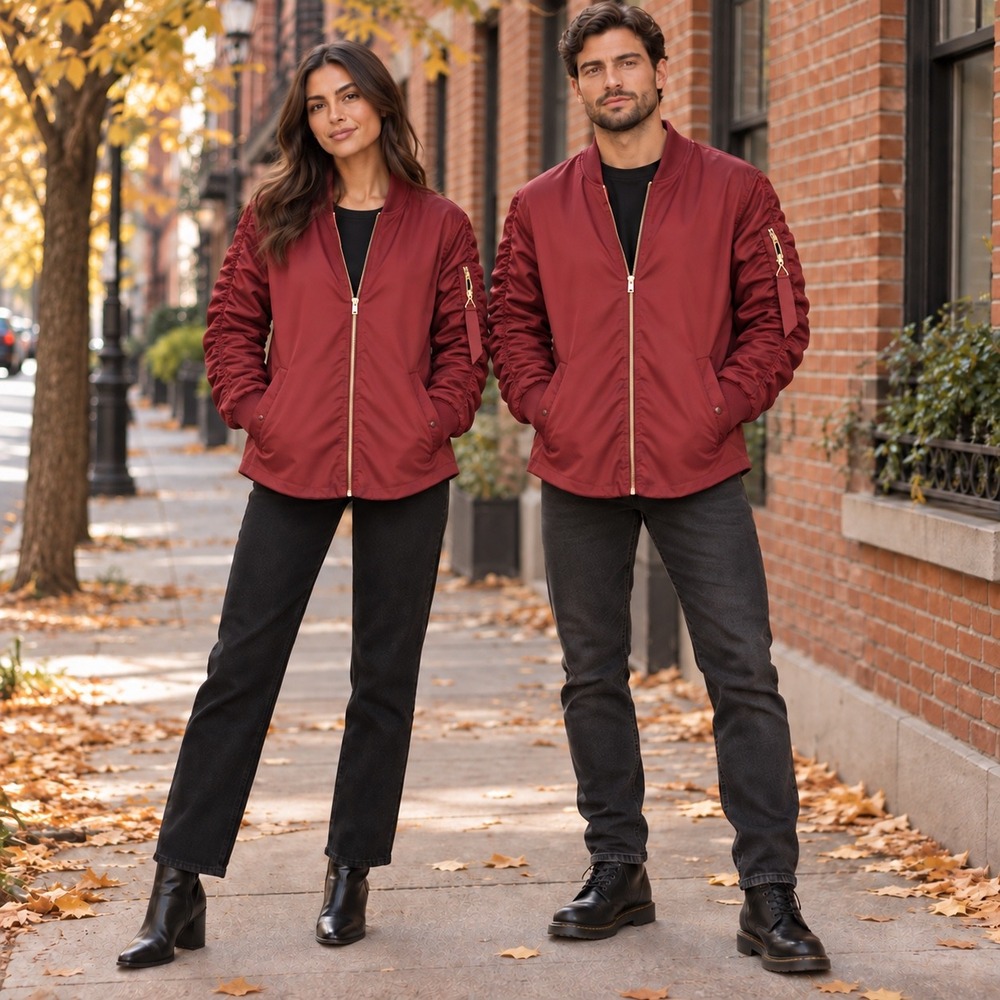 Burgundy Ruched Sleeve Bell Hem Longline Bomber Jacket Unisex Streetwear Fall S
